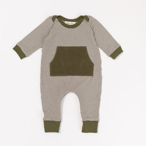 Bamboo Zipper Romper in Olive Stripe