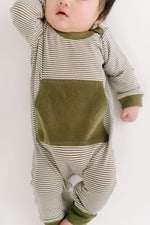 Load image into Gallery viewer, Bamboo Zipper Romper in Olive Stripe
