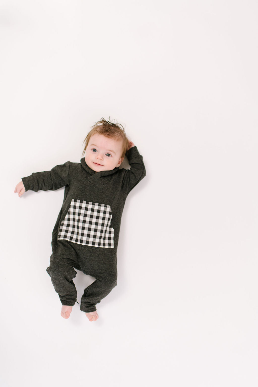 Bamboo Shawl Collar Romper in Shadow Gingham