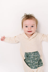 Bamboo Shawl Collar Romper in Flax Gardenia