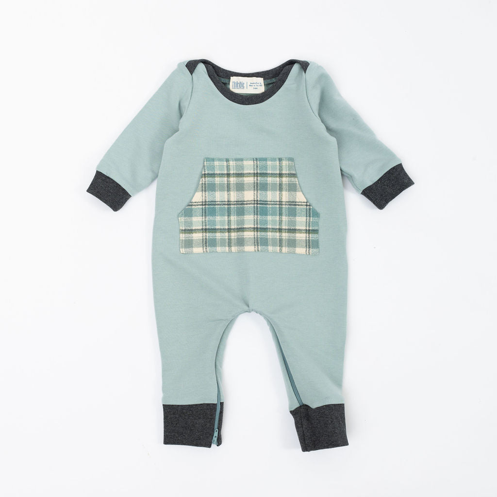 Bamboo Zipper Romper in Glacier Plaid