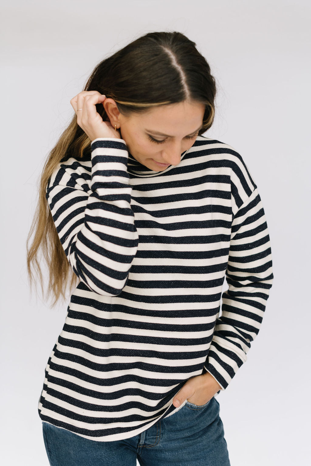 Women's Funnel Neck Sweatshirt in Navy Stripe