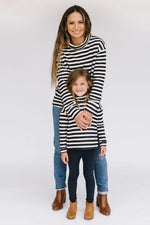 Load image into Gallery viewer, Funnel Neck Sweatshirt in Navy Stripe
